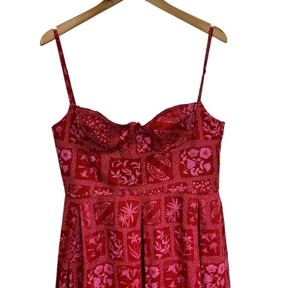 Agua Bendita Red Mambo Ipanema Escarlata Red Linen Printed Midi Summer Dress, XL - Picture 6 of 16